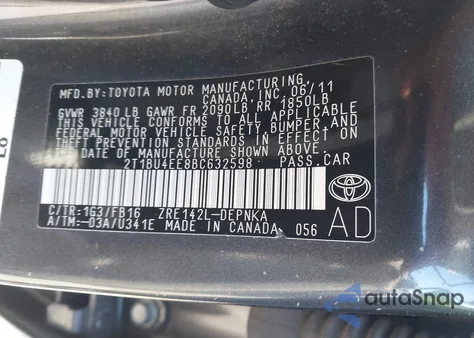 2011 Toyota Corolla Le from USA, damaged, VIN 2T1BU4EE8BC632598